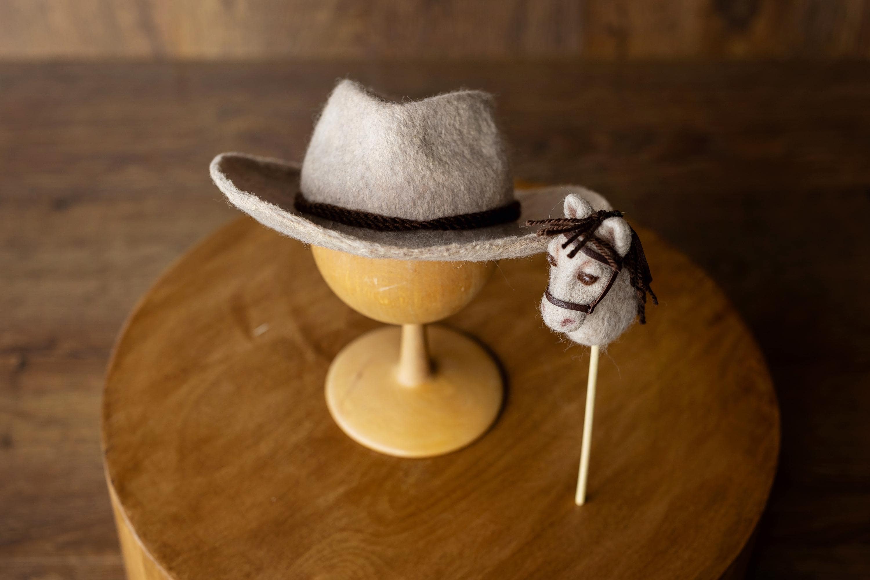 Western Newborn Cowboy Hat and Horse Toy Set, Felted Wool Newborn Photography Props, Baby Cowboy Photo Outfit