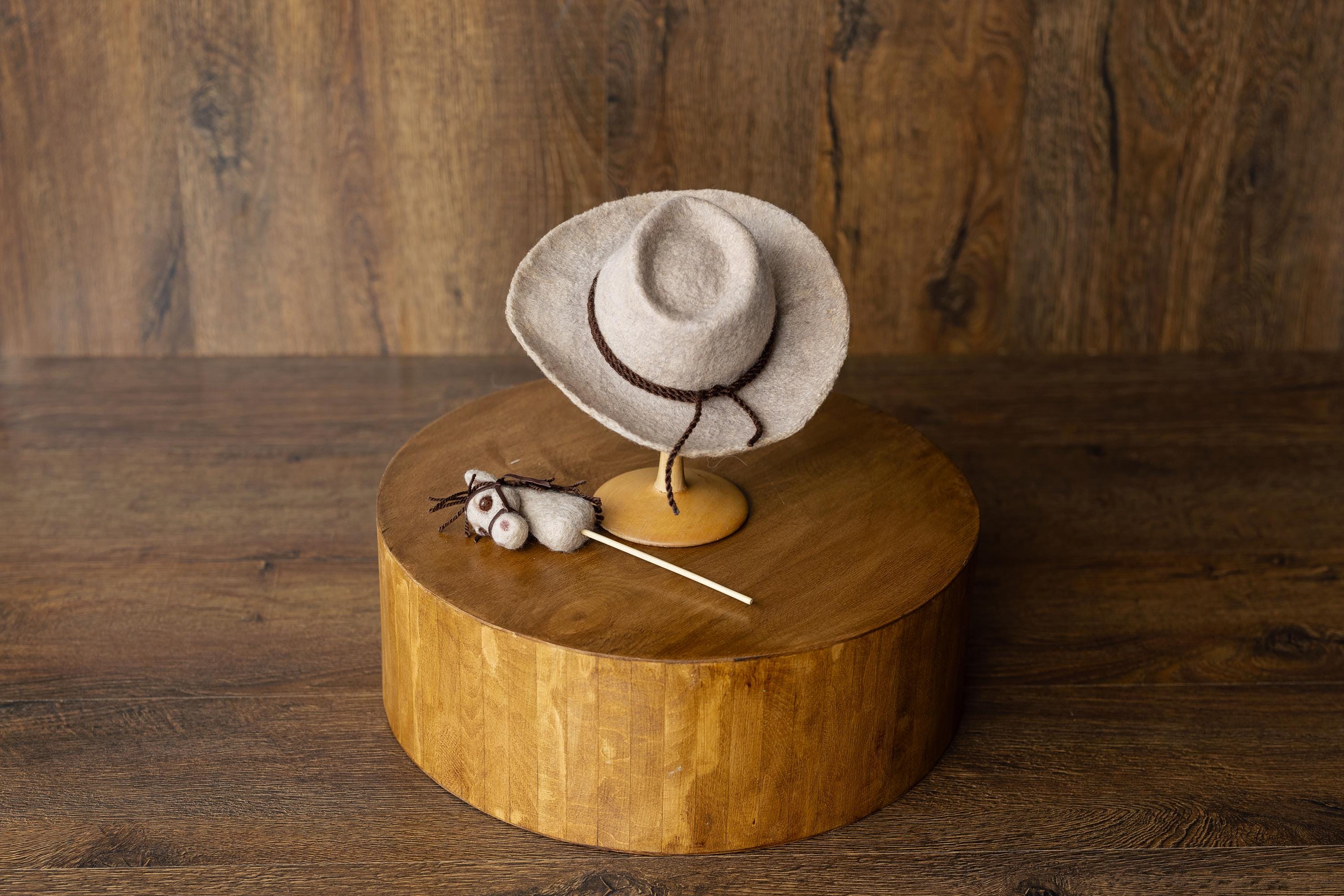 Western Newborn Cowboy Hat and Horse Toy Set, Felted Wool Newborn Photography Props, Baby Cowboy Photo Outfit