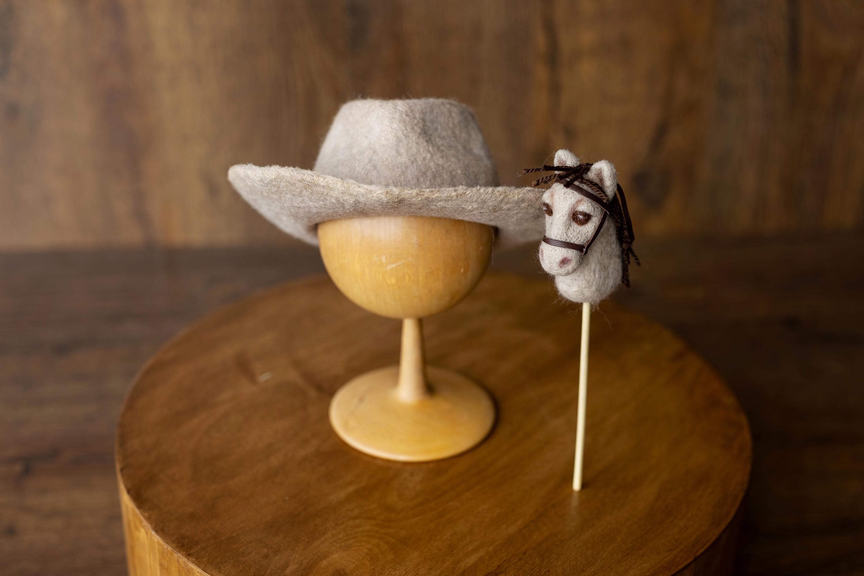 Western Newborn Cowboy Hat and Horse Toy Set, Felted Wool Newborn Photography Props, Baby Cowboy Photo Outfit
