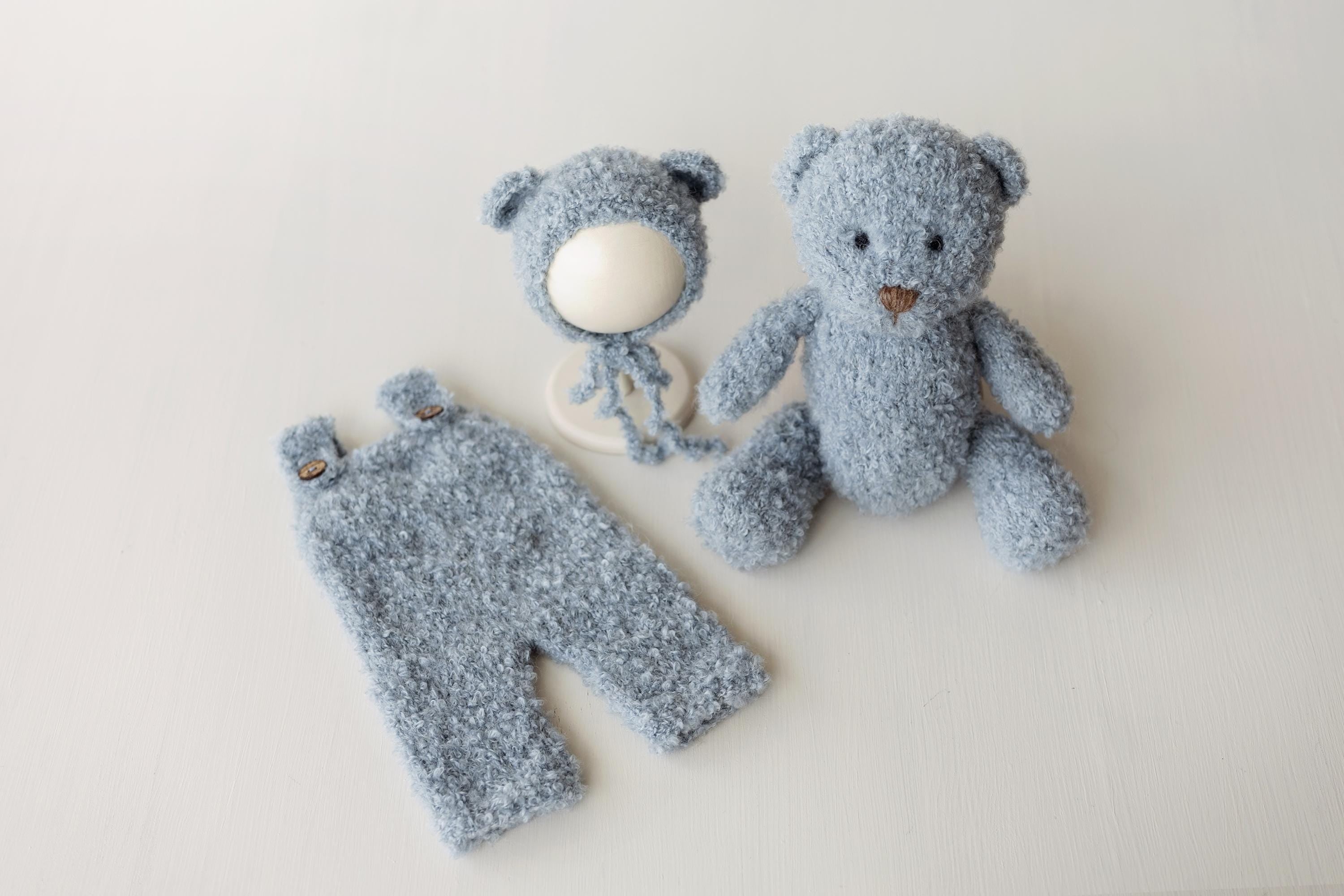 Boucle Baby Overall with Matching Teddy Bear or Bunny Hat, Newborn Photography Prop, Newborn Knitted Teddy Bear Outfit, Newborn Bunny Outfit