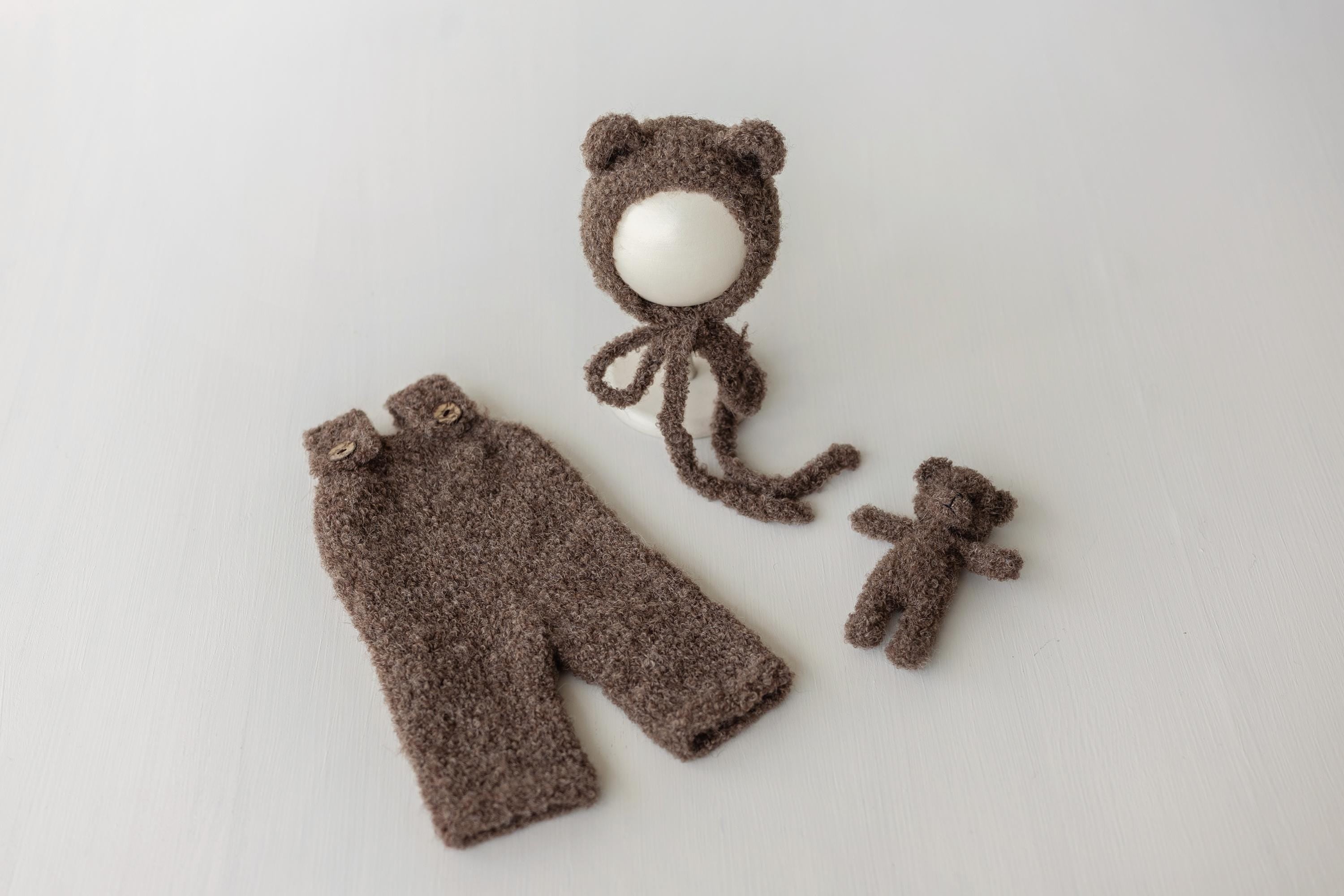 Boucle Baby Overall with Matching Teddy Bear or Bunny Hat, Newborn Photography Prop, Newborn Knitted Teddy Bear Outfit, Newborn Bunny Outfit