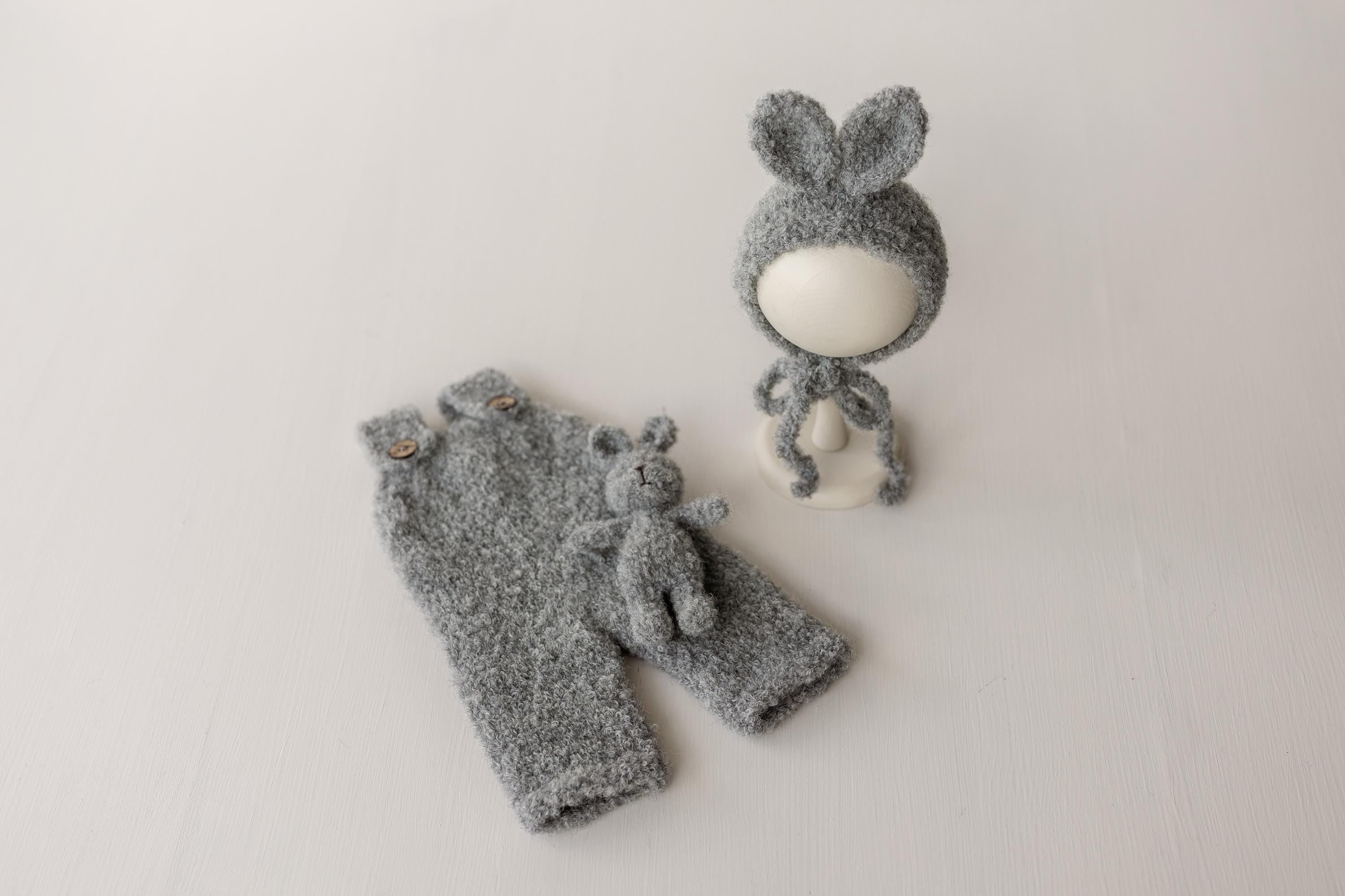 Boucle Baby Overall with Matching Teddy Bear or Bunny Hat, Newborn Photography Prop, Newborn Knitted Teddy Bear Outfit, Newborn Bunny Outfit