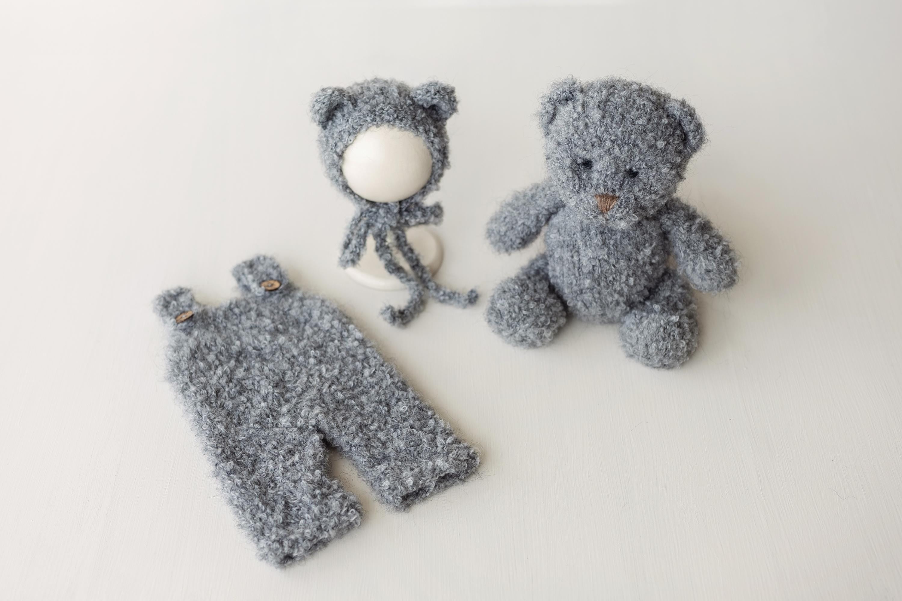 Boucle Baby Overall with Matching Teddy Bear or Bunny Hat, Newborn Photography Prop, Newborn Knitted Teddy Bear Outfit, Newborn Bunny Outfit