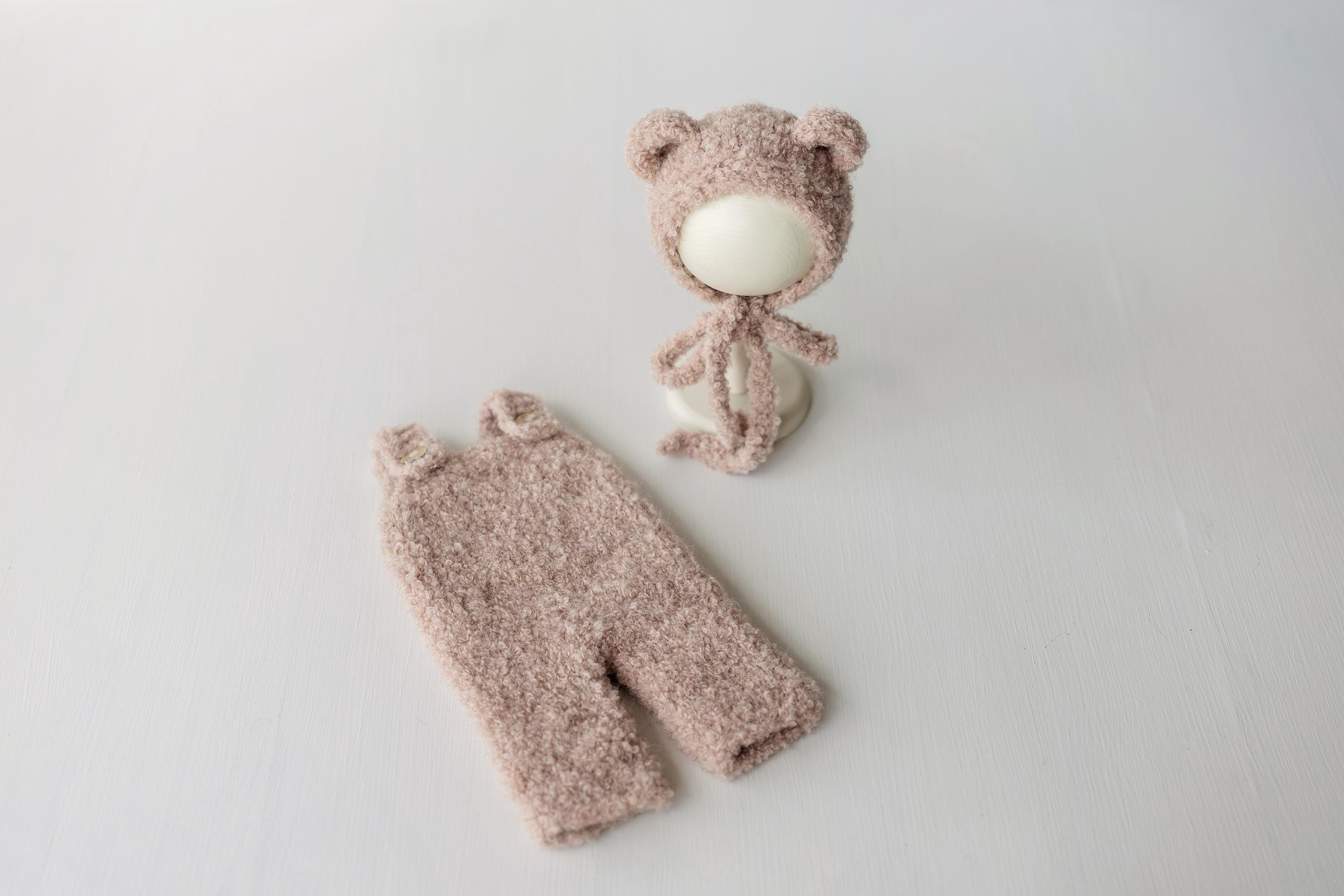 Boucle Baby Overall with Matching Teddy Bear or Bunny Hat, Newborn Photography Prop, Newborn Knitted Teddy Bear Outfit, Newborn Bunny Outfit