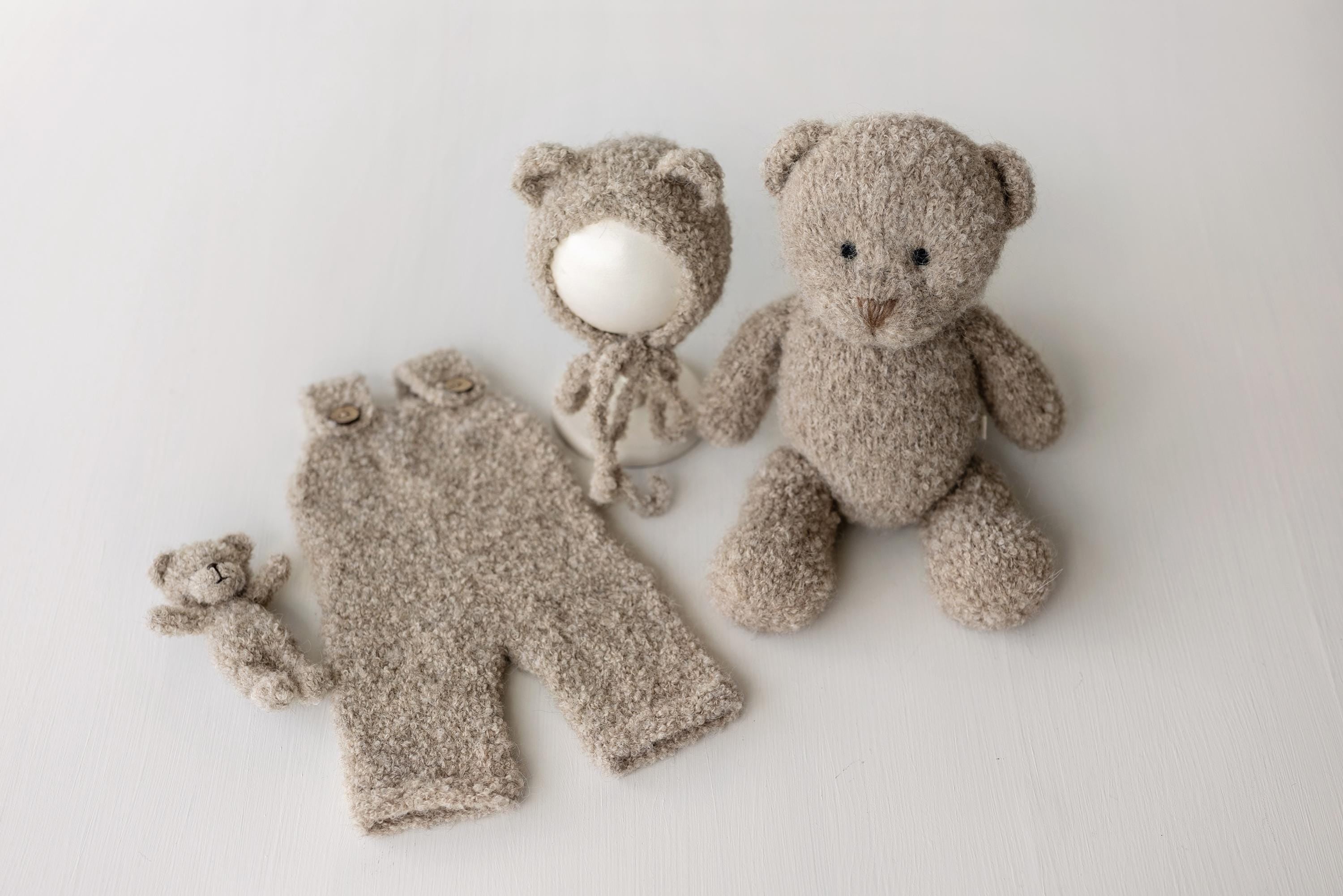 Boucle Baby Overall with Matching Teddy Bear or Bunny Hat, Newborn Photography Prop, Newborn Knitted Teddy Bear Outfit, Newborn Bunny Outfit