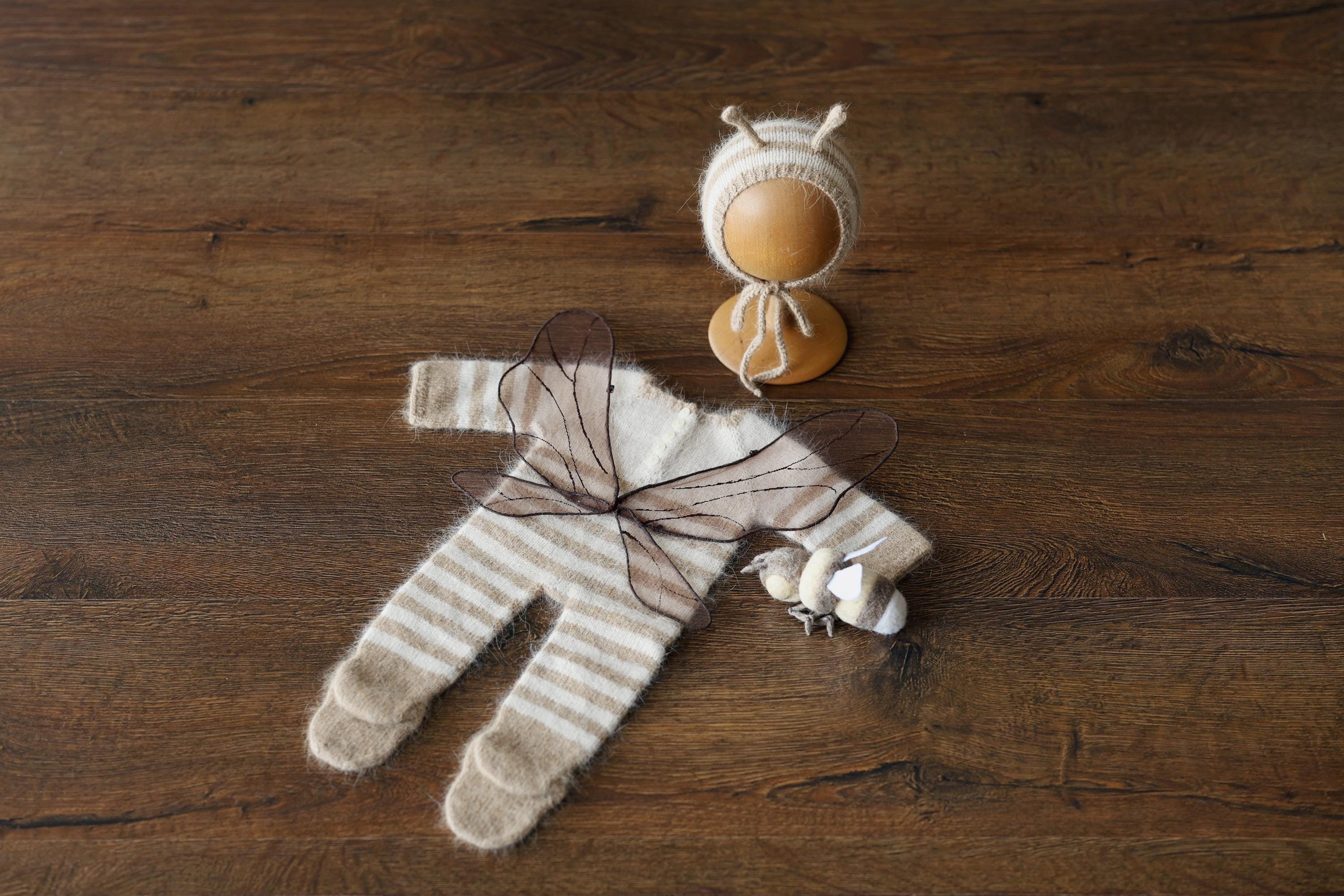 Newborn Honey Bee Costume, Striped Footed Romper with Bee Bonnet, Wings & Toy, Newborn Photography Outfit, Baby Halloween Bumblebee Outfit