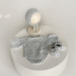 Angora Wool Newborn Girl Knit Romper with Voluminous Ruffle Sleeves, Bonnet and Booties Photography Set, Newborn Knitted Outfit Photo Prop