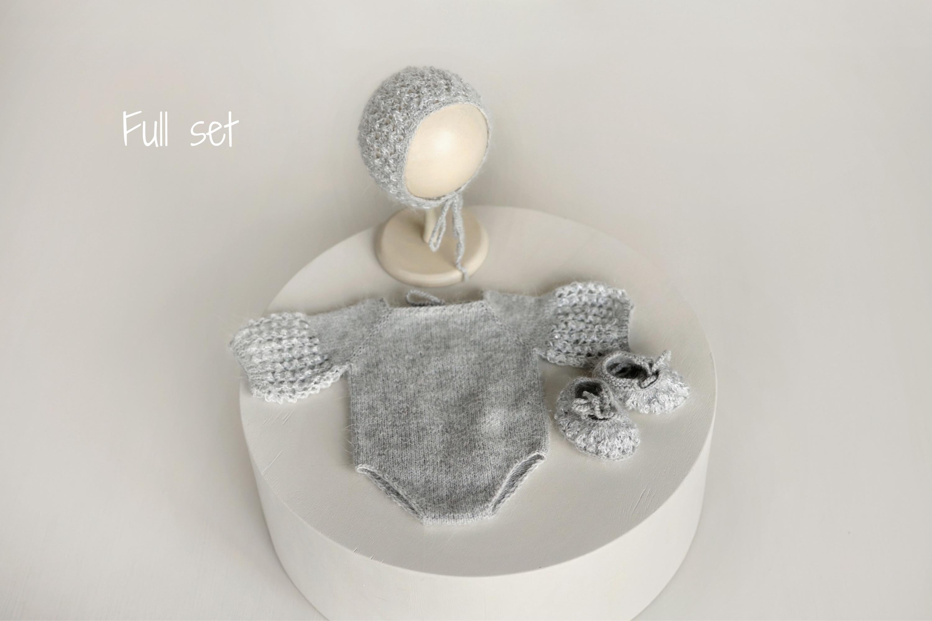 Angora Wool Newborn Girl Knit Romper with Voluminous Ruffle Sleeves, Bonnet and Booties Photography Set, Newborn Knitted Outfit Photo Prop