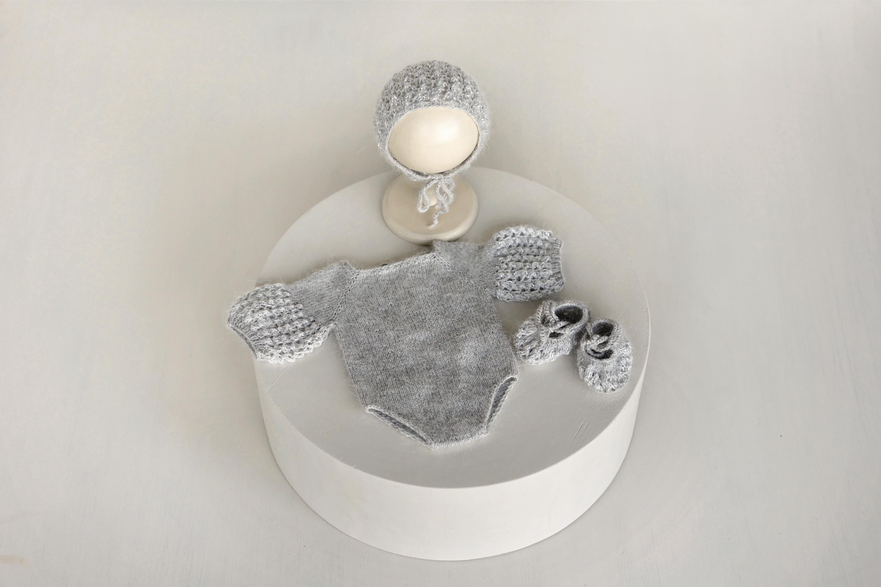 Angora Wool Newborn Girl Knit Romper with Voluminous Ruffle Sleeves, Bonnet and Booties Photography Set, Newborn Knitted Outfit Photo Prop