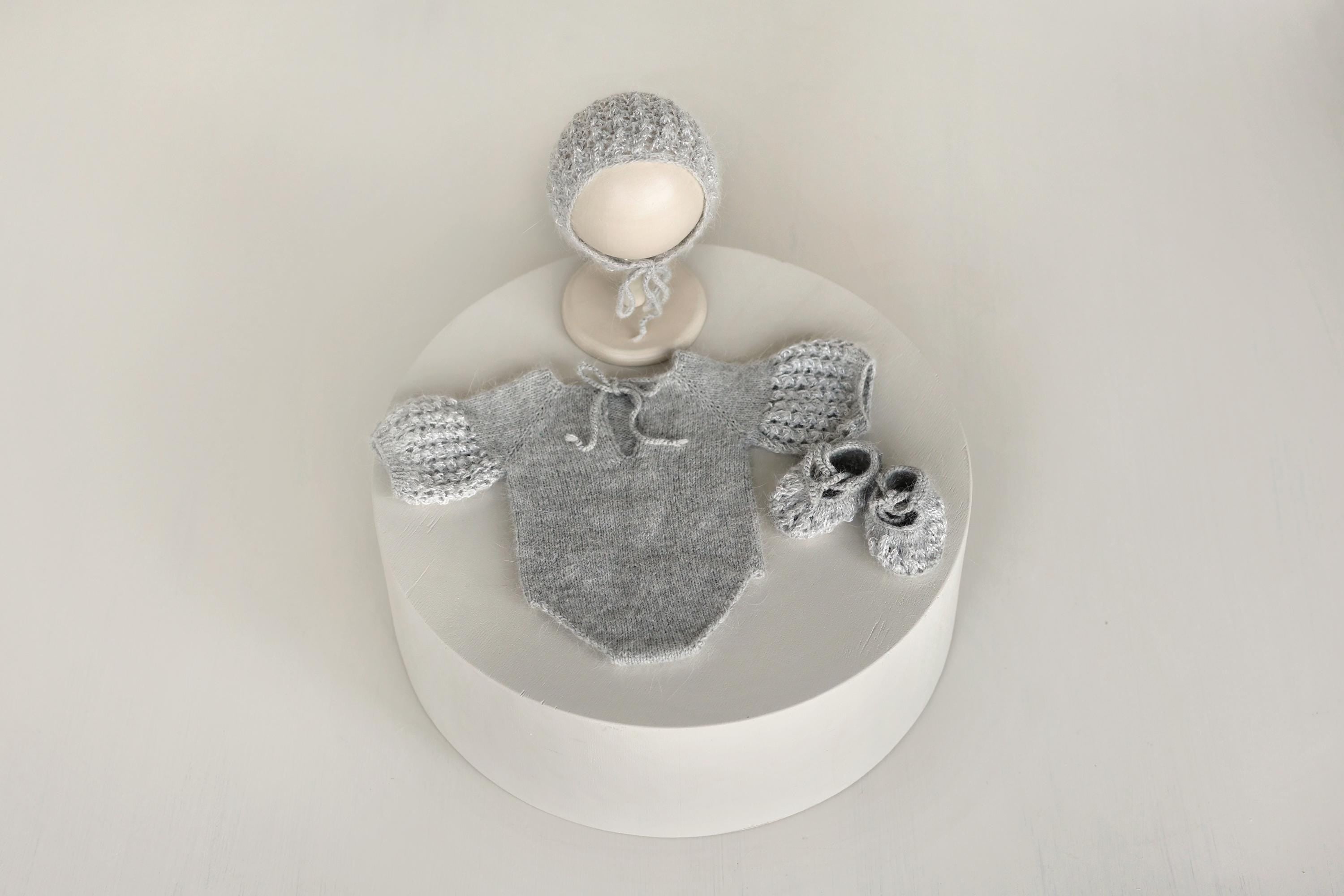 Angora Wool Newborn Girl Knit Romper with Voluminous Ruffle Sleeves, Bonnet and Booties Photography Set, Newborn Knitted Outfit Photo Prop