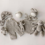 Greige Boucle Newborn Photography Props Collection, Newborn Teddy Bear & Bunny Outfit, Knitted Overall, Romper, Bear Hat and Bunny Toy
