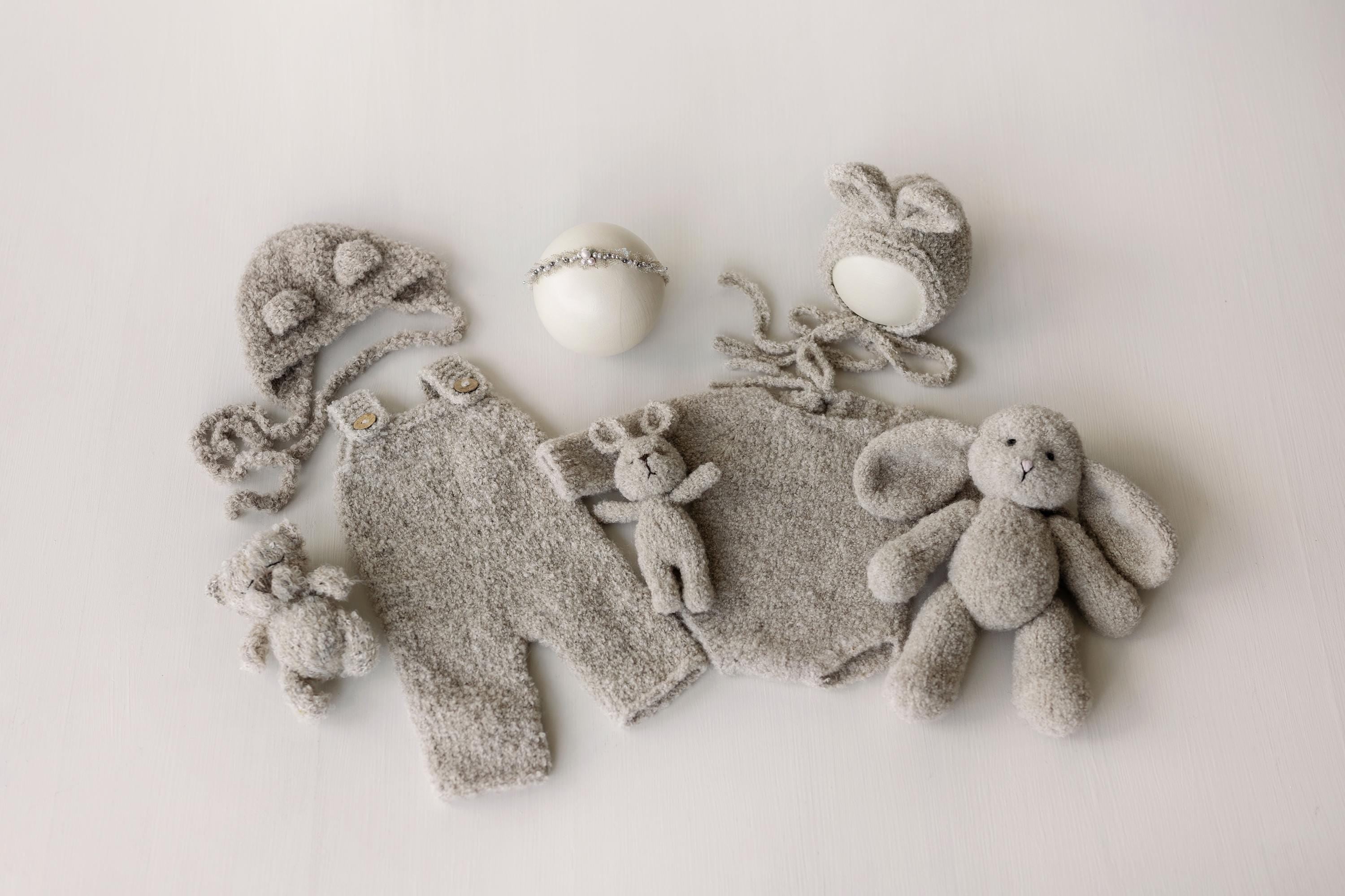 Greige Boucle Newborn Photography Props Collection, Newborn Teddy Bear & Bunny Outfit, Knitted Overall, Romper, Bear Hat and Bunny Toy