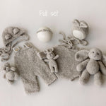 Greige Boucle Newborn Photography Props Collection, Newborn Teddy Bear & Bunny Outfit, Knitted Overall, Romper, Bear Hat and Bunny Toy
