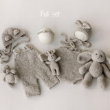Greige Boucle Newborn Photography Props Collection, Newborn Teddy Bear & Bunny Outfit, Knitted Overall, Romper, Bear Hat and Bunny Toy