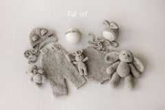 Greige Boucle Newborn Photography Props Collection, Newborn Teddy Bear & Bunny Outfit, Knitted Overall, Romper, Bear Hat and Bunny Toy
