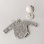 Greige Boucle Newborn Photography Props Collection, Newborn Teddy Bear & Bunny Outfit, Knitted Overall, Romper, Bear Hat and Bunny Toy