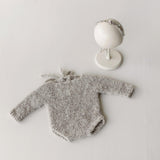 Greige Boucle Newborn Photography Props Collection, Newborn Teddy Bear & Bunny Outfit, Knitted Overall, Romper, Bear Hat and Bunny Toy