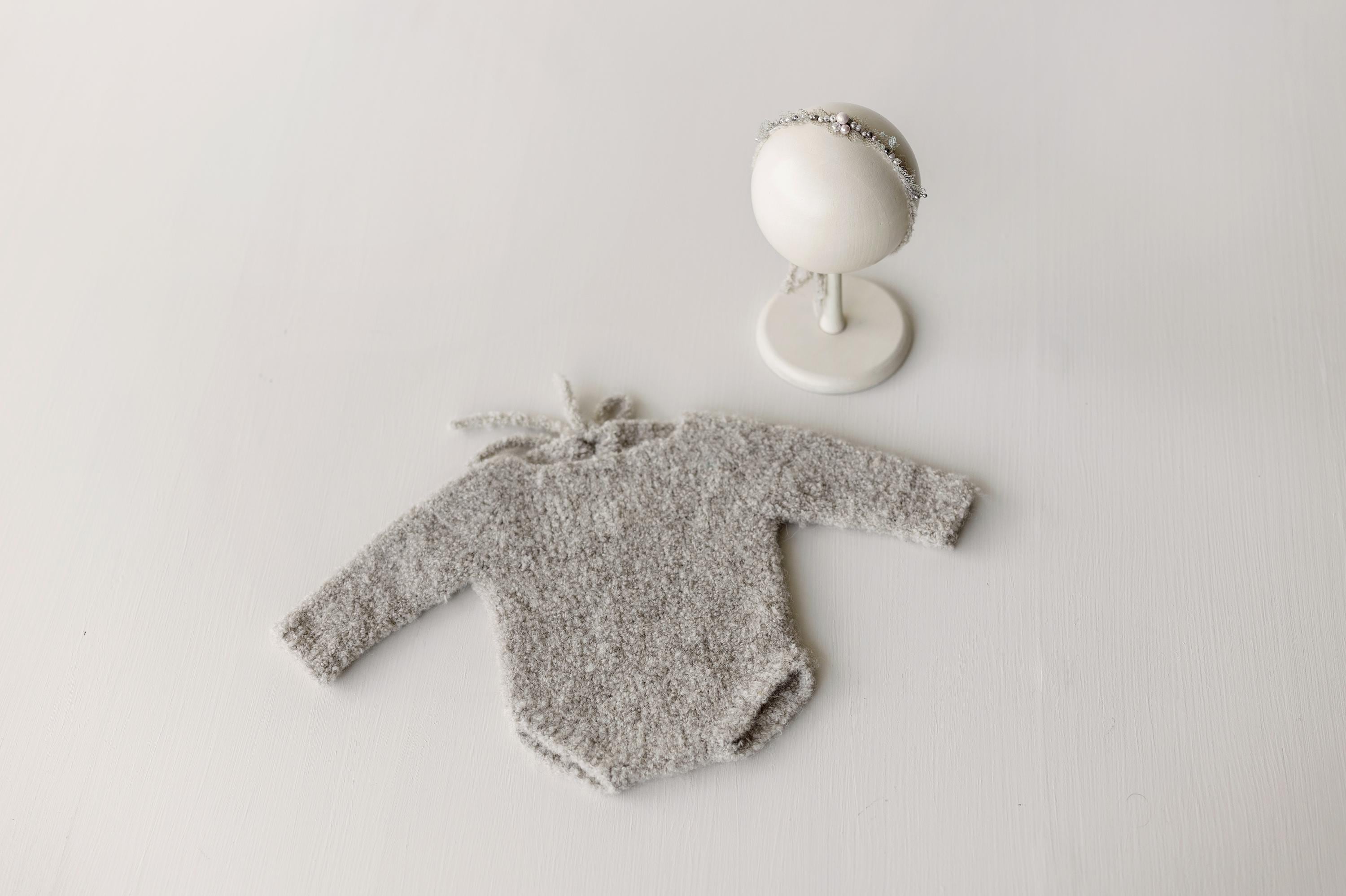 Greige Boucle Newborn Photography Props Collection, Newborn Teddy Bear & Bunny Outfit, Knitted Overall, Romper, Bear Hat and Bunny Toy