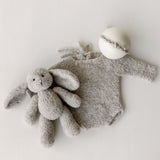 Greige Boucle Newborn Photography Props Collection, Newborn Teddy Bear & Bunny Outfit, Knitted Overall, Romper, Bear Hat and Bunny Toy