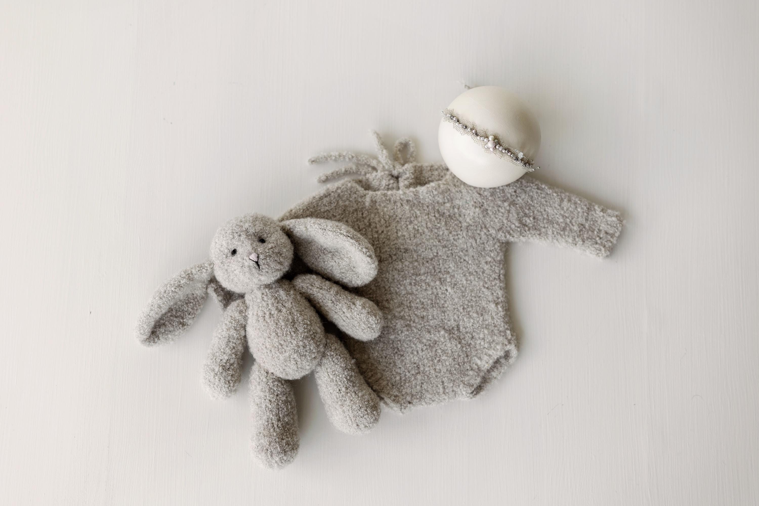 Greige Boucle Newborn Photography Props Collection, Newborn Teddy Bear & Bunny Outfit, Knitted Overall, Romper, Bear Hat and Bunny Toy