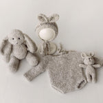 Greige Boucle Newborn Photography Props Collection, Newborn Teddy Bear & Bunny Outfit, Knitted Overall, Romper, Bear Hat and Bunny Toy