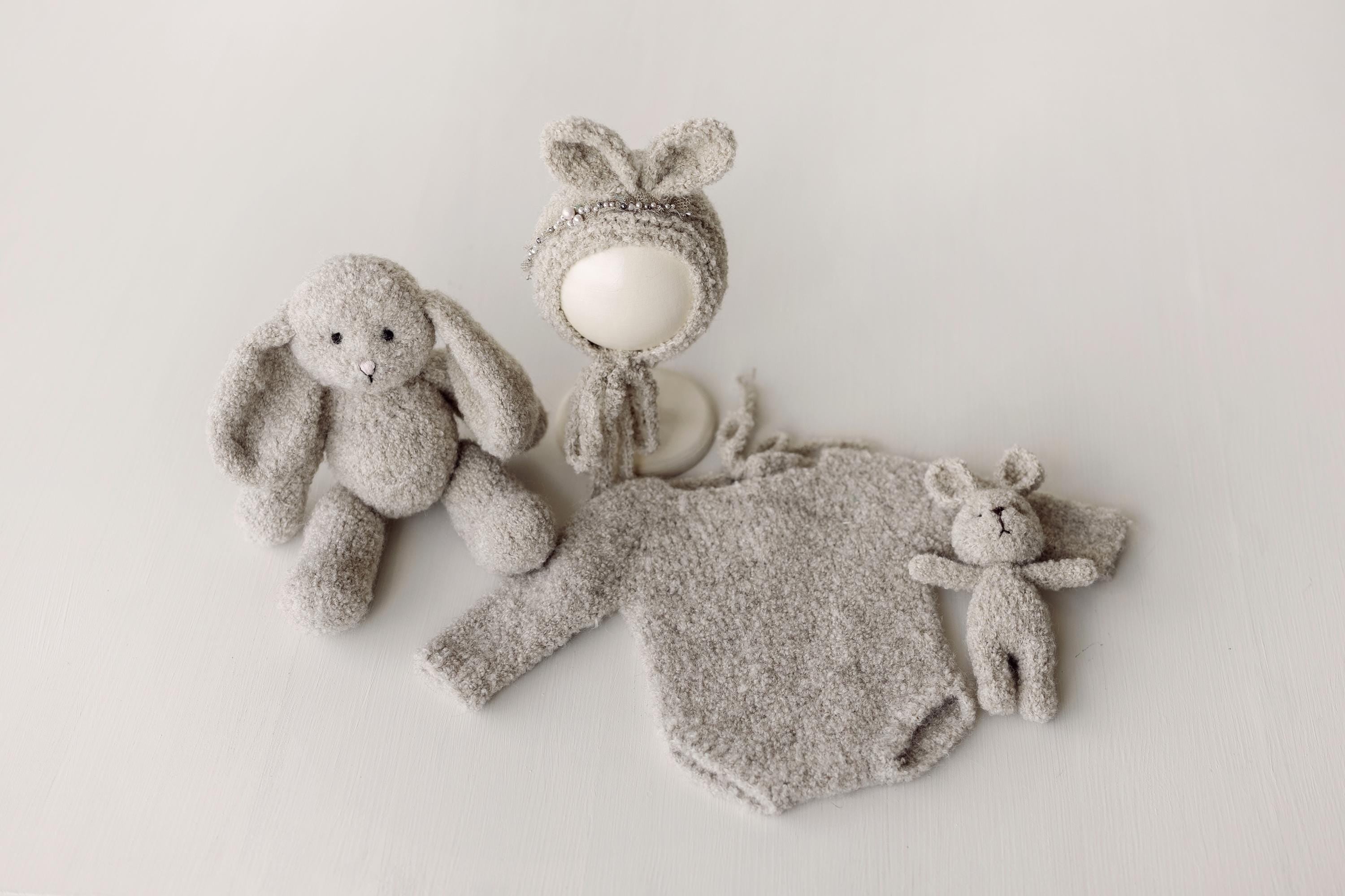 Greige Boucle Newborn Photography Props Collection, Newborn Teddy Bear & Bunny Outfit, Knitted Overall, Romper, Bear Hat and Bunny Toy