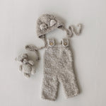 Greige Boucle Newborn Photography Props Collection, Newborn Teddy Bear & Bunny Outfit, Knitted Overall, Romper, Bear Hat and Bunny Toy