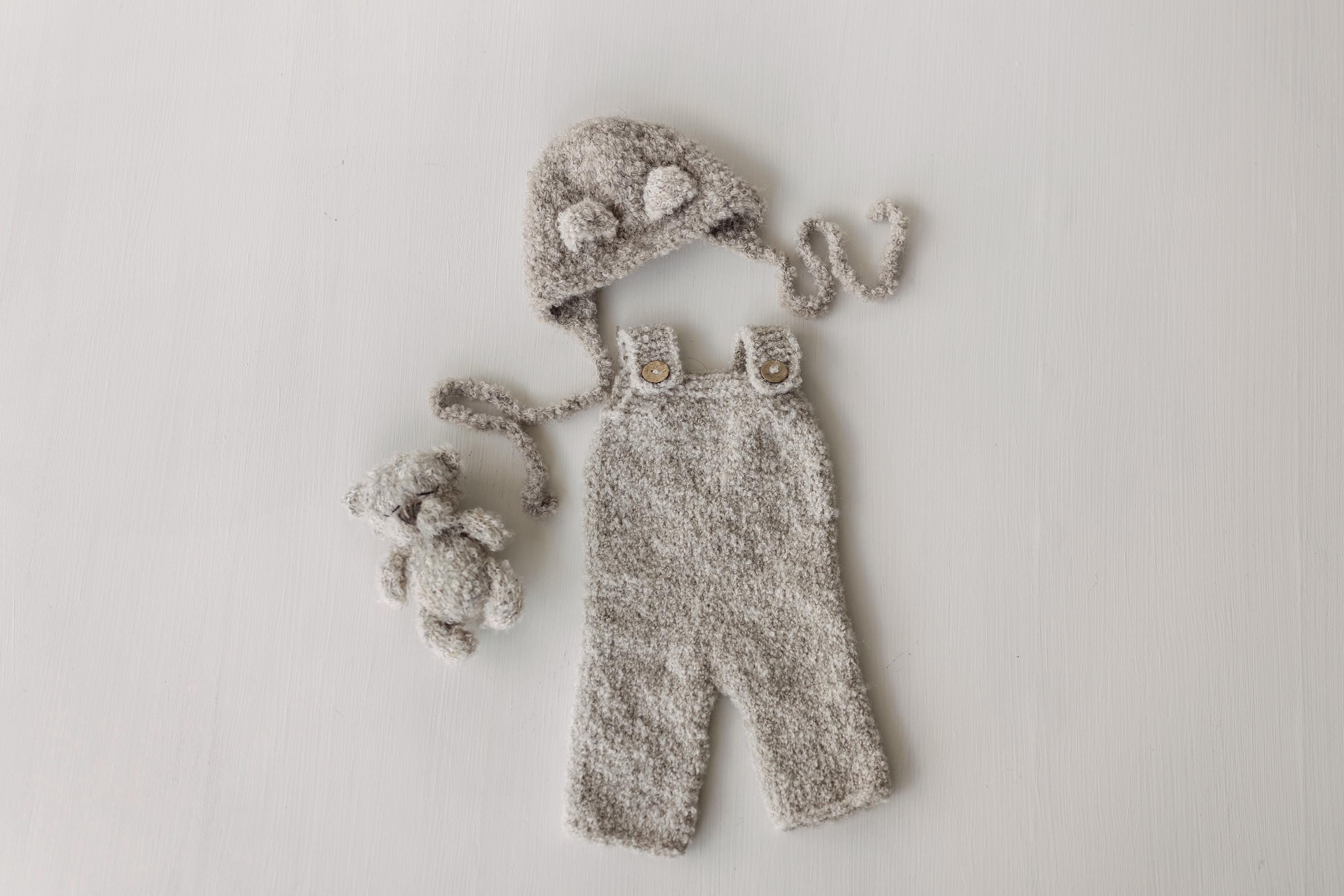 Greige Boucle Newborn Photography Props Collection, Newborn Teddy Bear & Bunny Outfit, Knitted Overall, Romper, Bear Hat and Bunny Toy
