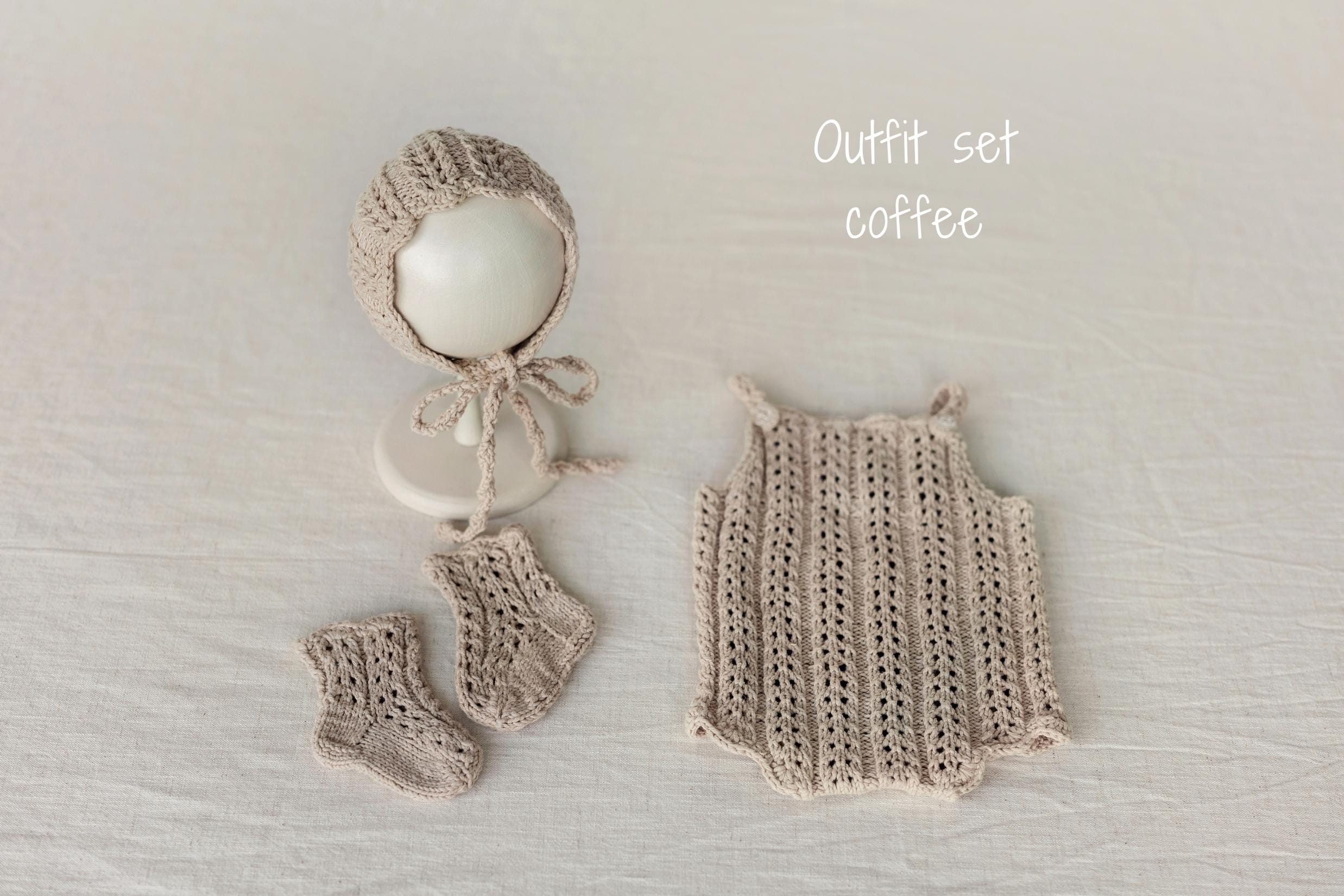 Organic Cotton Newborn Knit Outfit, Baby Knitted Romper with Bonnet and Socks, Unisex Newborn Photography Outfit, Baby Shower Gift