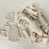 Organic Cotton Newborn Knit Outfit, Baby Knitted Romper with Bonnet and Socks, Unisex Newborn Photography Outfit, Baby Shower Gift