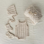Organic Cotton Newborn Knit Outfit, Baby Knitted Romper with Bonnet and Socks, Unisex Newborn Photography Outfit, Baby Shower Gift
