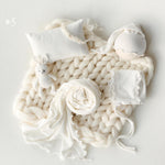 White Newborn Photography Props Set, Light Ribbed Posing Fabric Backdrop with Merino Wool Blanket and Matching Newborn Props for photography