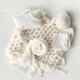 White Newborn Photography Props Set, Light Ribbed Posing Fabric Backdrop with Merino Wool Blanket and Matching Newborn Props for photography