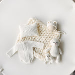 White Newborn Photography Props Set, Light Ribbed Posing Fabric Backdrop with Merino Wool Blanket and Matching Newborn Props for photography