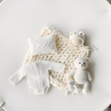 White Newborn Photography Props Set, Light Ribbed Posing Fabric Backdrop with Merino Wool Blanket and Matching Newborn Props for photography