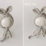 Greige Boucle Newborn Photography Props Collection, Newborn Teddy Bear & Bunny Outfit, Knitted Overall, Romper, Bear Hat and Bunny Toy