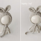 Greige Boucle Newborn Photography Props Collection, Newborn Teddy Bear & Bunny Outfit, Knitted Overall, Romper, Bear Hat and Bunny Toy