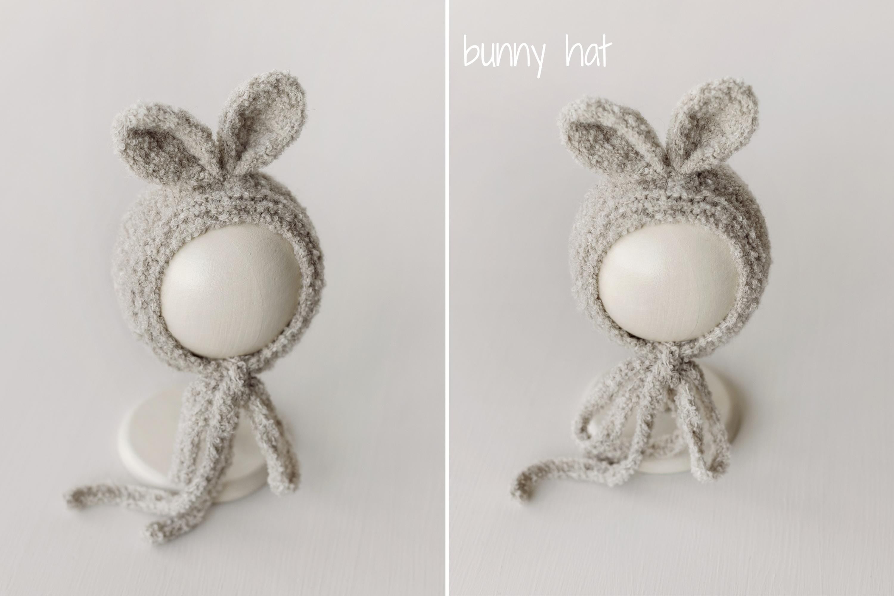 Greige Boucle Newborn Photography Props Collection, Newborn Teddy Bear & Bunny Outfit, Knitted Overall, Romper, Bear Hat and Bunny Toy