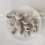 Greige Boucle Newborn Photography Props Collection, Newborn Teddy Bear & Bunny Outfit, Knitted Overall, Romper, Bear Hat and Bunny Toy