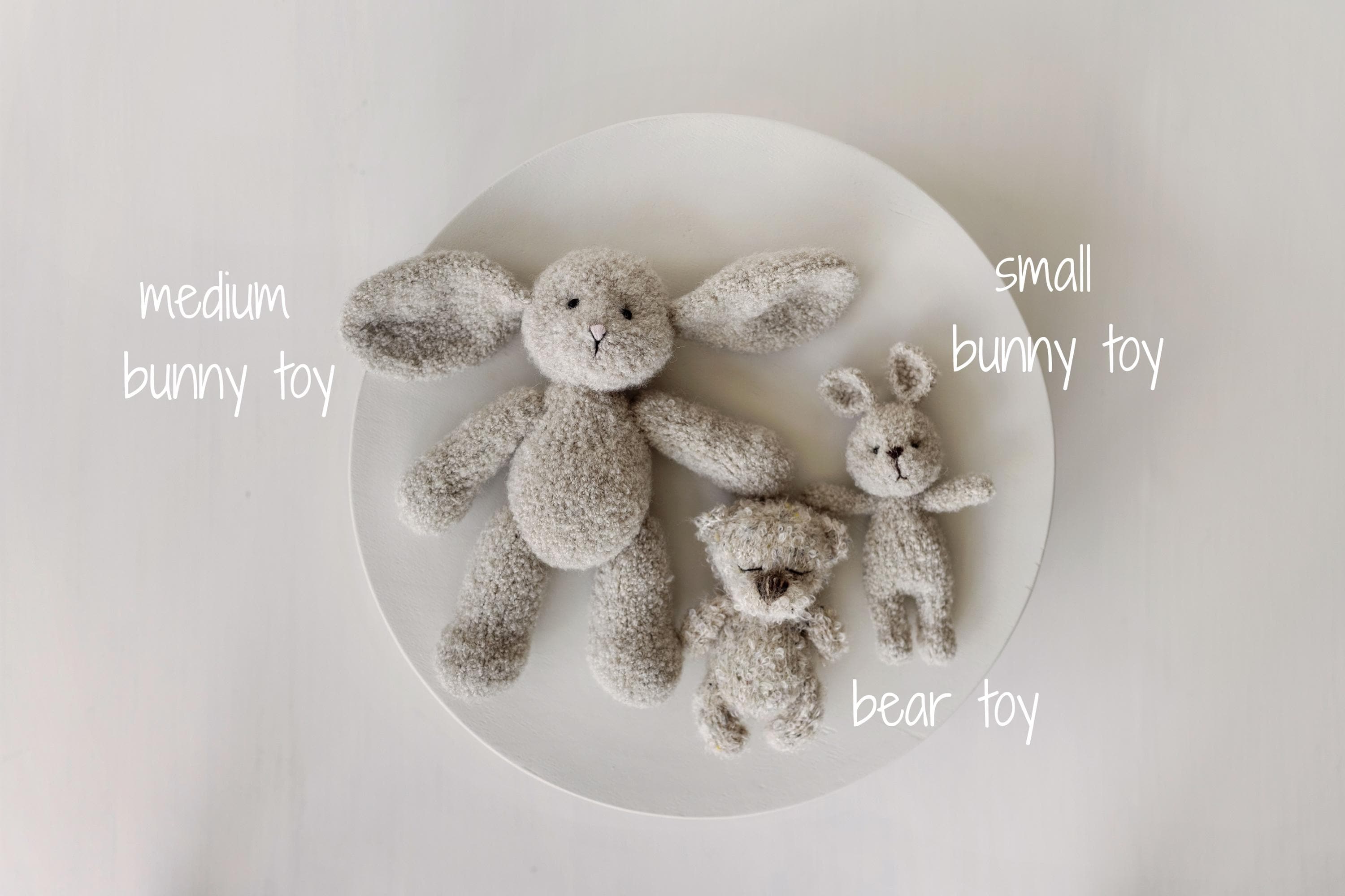 Greige Boucle Newborn Photography Props Collection, Newborn Teddy Bear & Bunny Outfit, Knitted Overall, Romper, Bear Hat and Bunny Toy