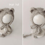 Greige Boucle Newborn Photography Props Collection, Newborn Teddy Bear & Bunny Outfit, Knitted Overall, Romper, Bear Hat and Bunny Toy