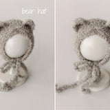 Greige Boucle Newborn Photography Props Collection, Newborn Teddy Bear & Bunny Outfit, Knitted Overall, Romper, Bear Hat and Bunny Toy