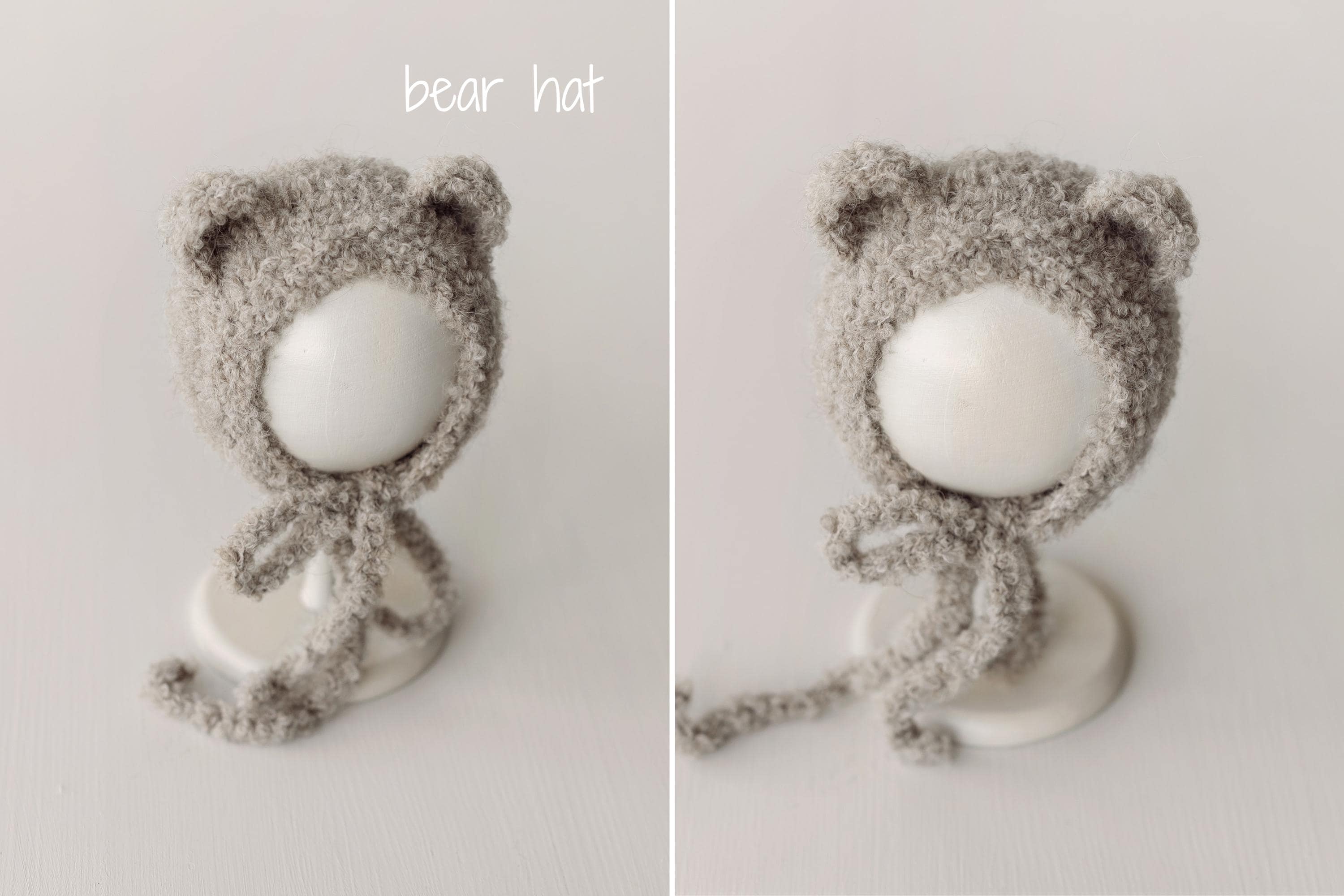 Greige Boucle Newborn Photography Props Collection, Newborn Teddy Bear & Bunny Outfit, Knitted Overall, Romper, Bear Hat and Bunny Toy