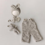 Greige Boucle Newborn Photography Props Collection, Newborn Teddy Bear & Bunny Outfit, Knitted Overall, Romper, Bear Hat and Bunny Toy