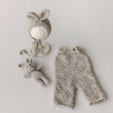 Greige Boucle Newborn Photography Props Collection, Newborn Teddy Bear & Bunny Outfit, Knitted Overall, Romper, Bear Hat and Bunny Toy