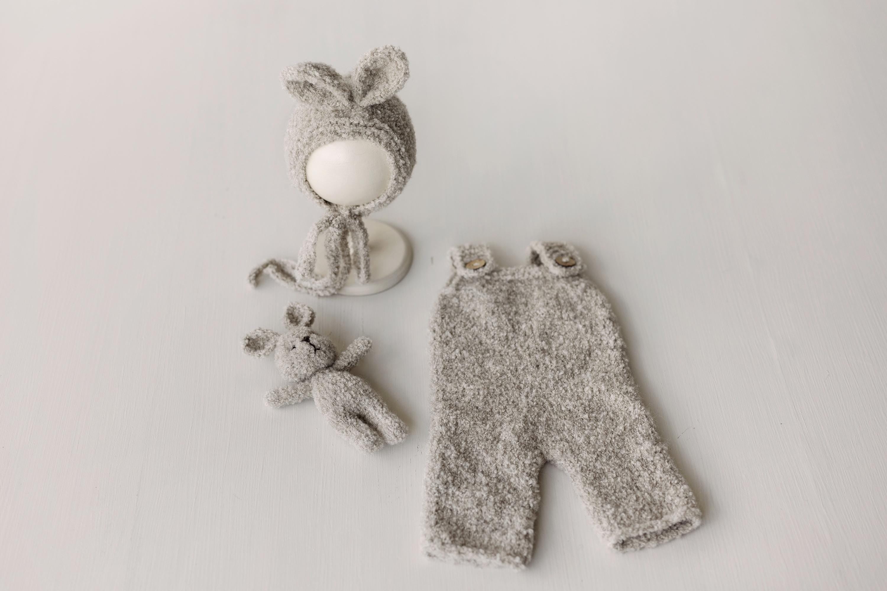 Greige Boucle Newborn Photography Props Collection, Newborn Teddy Bear & Bunny Outfit, Knitted Overall, Romper, Bear Hat and Bunny Toy