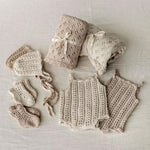 Organic Cotton Newborn Knit Outfit, Baby Knitted Romper with Bonnet and Socks, Unisex Newborn Photography Outfit, Baby Shower Gift