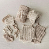 Organic Cotton Newborn Knit Outfit, Baby Knitted Romper with Bonnet and Socks, Unisex Newborn Photography Outfit, Baby Shower Gift