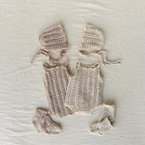 Organic Cotton Newborn Knit Outfit, Baby Knitted Romper with Bonnet and Socks, Unisex Newborn Photography Outfit, Baby Shower Gift
