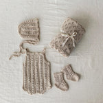 Organic Cotton Newborn Knit Outfit, Baby Knitted Romper with Bonnet and Socks, Unisex Newborn Photography Outfit, Baby Shower Gift